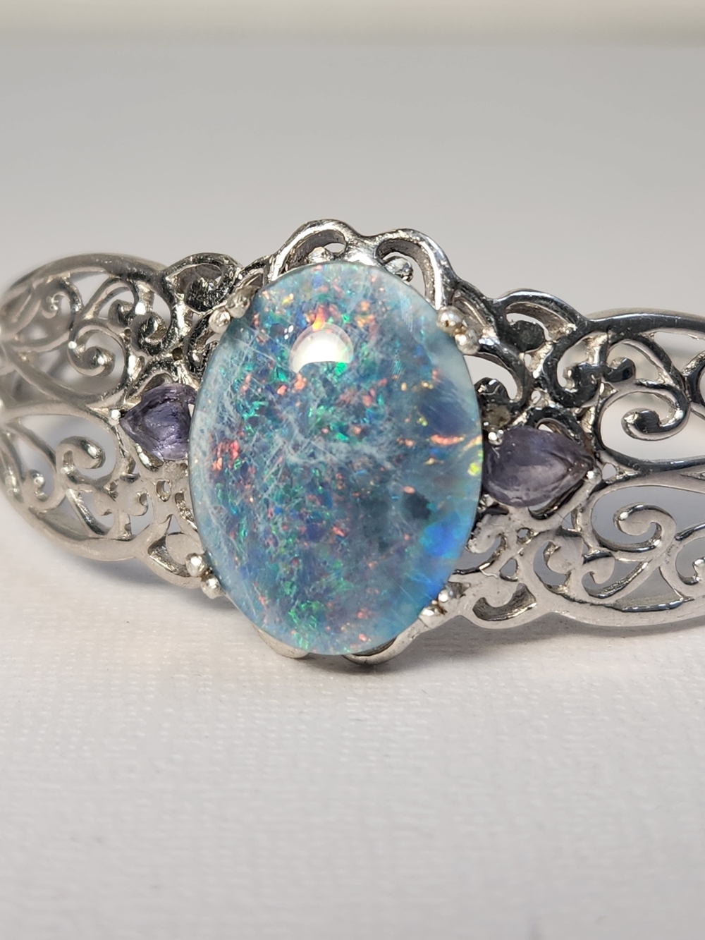 VTG Large Natural Opal & Amethyst 925 Filigree Cuff Btacelet - Picture 15 of 16